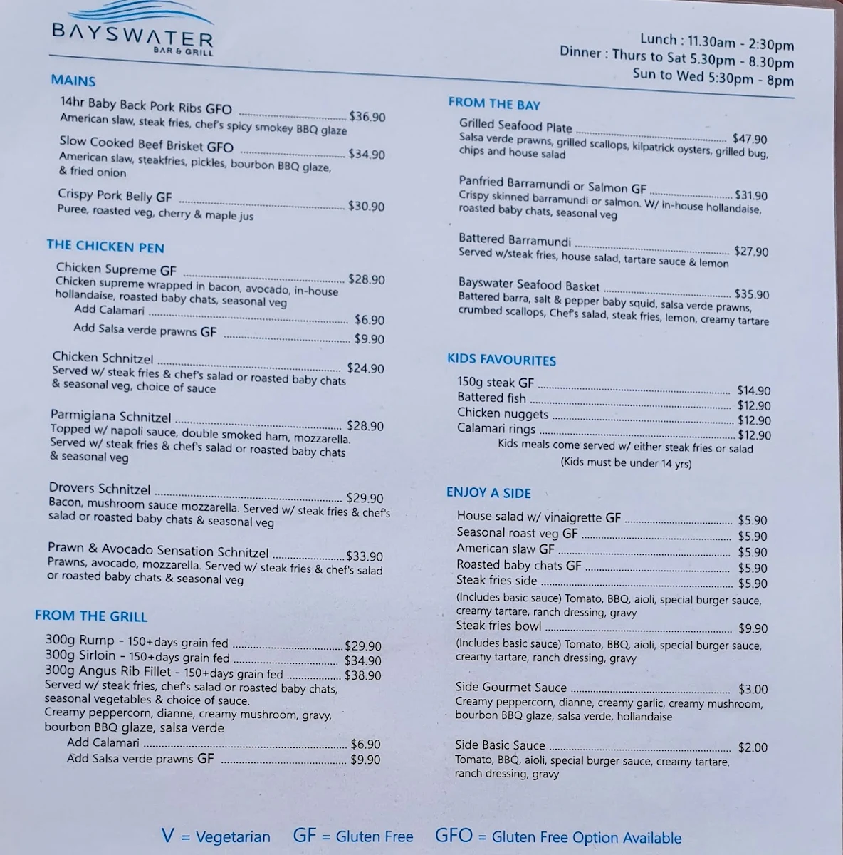 Menu, The Bayswater Bar and Grill