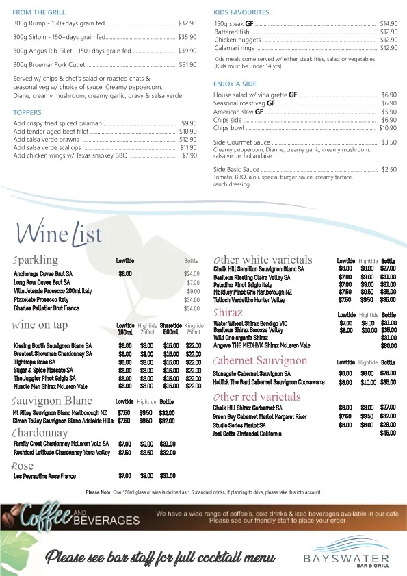 Menu, The Bayswater Bar and Grill