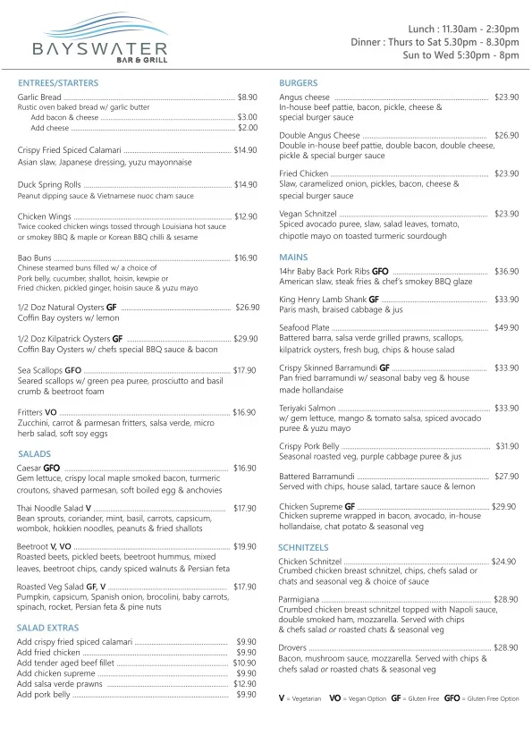 Menu, The Bayswater Bar and Grill
