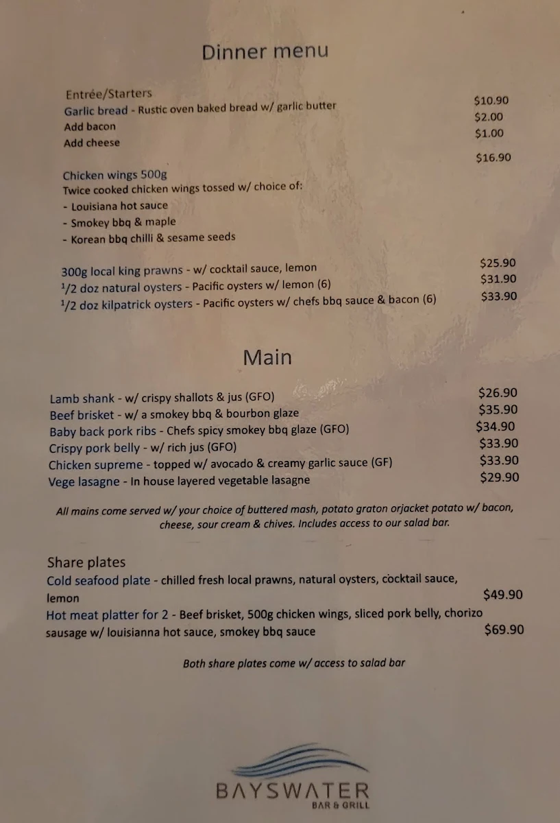 Menu, The Bayswater Bar and Grill