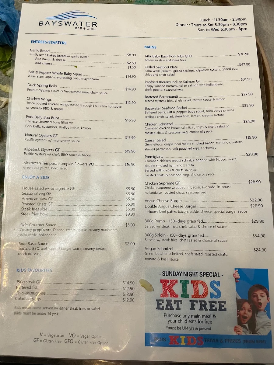 Menu, The Bayswater Bar and Grill