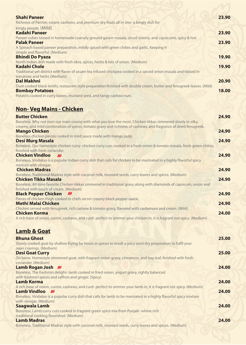 Menu, The Swan Indian Restaurant and Function Centre