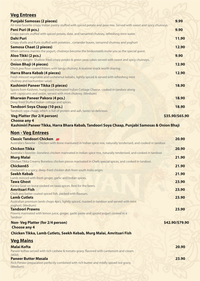 Menu, The Swan Indian Restaurant and Function Centre