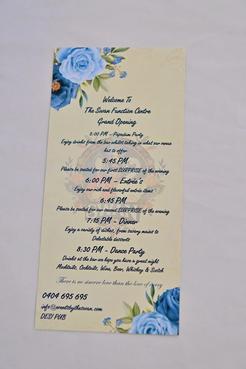 Menu, The Swan Indian Restaurant and Function Centre