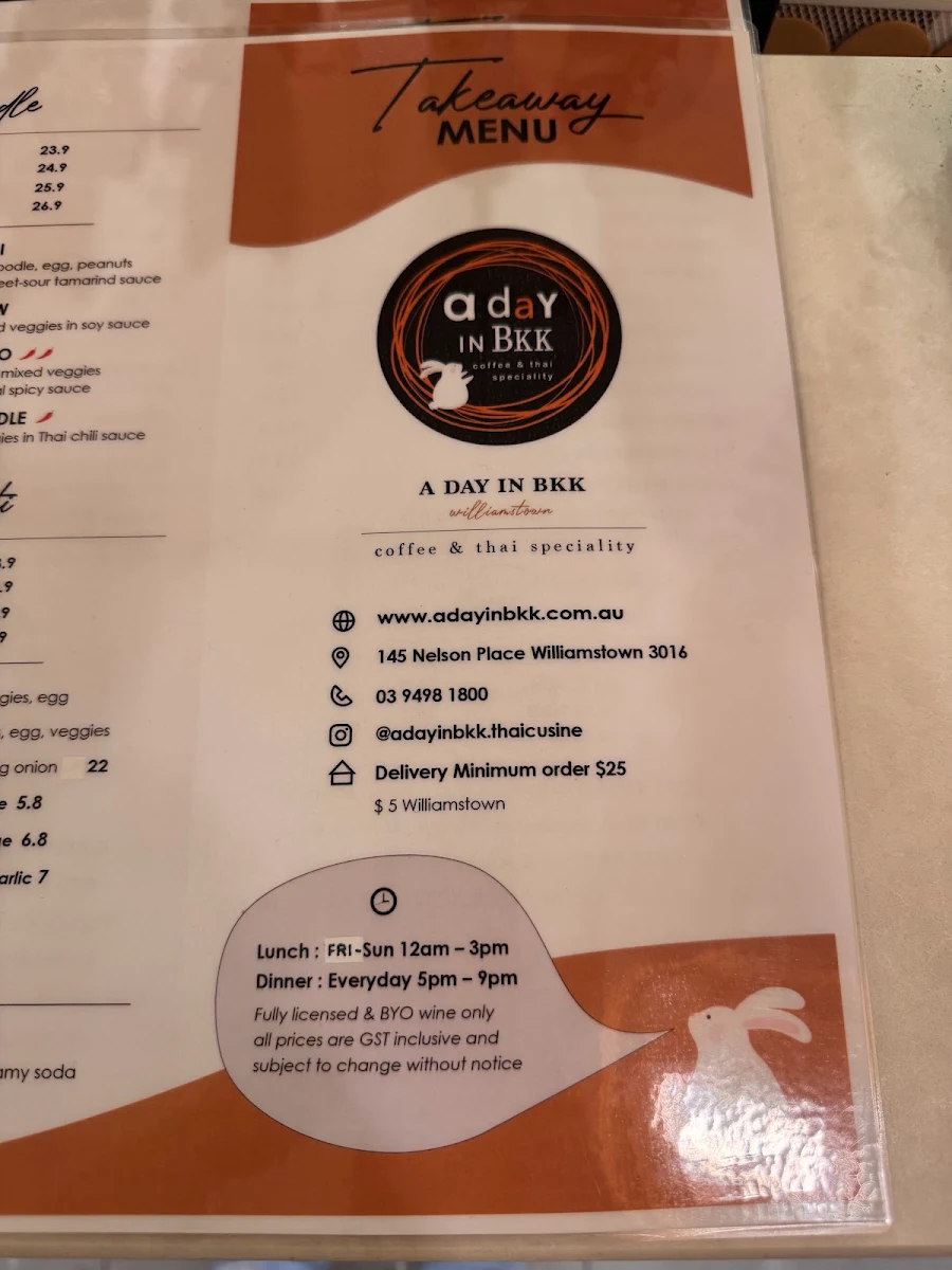 Menu, A day in BKK - Williamstown
