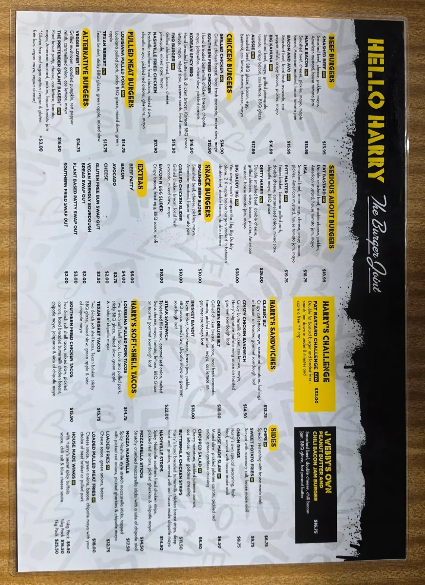 Menu, Hello Harry The Burger Joint (Toowoomba)