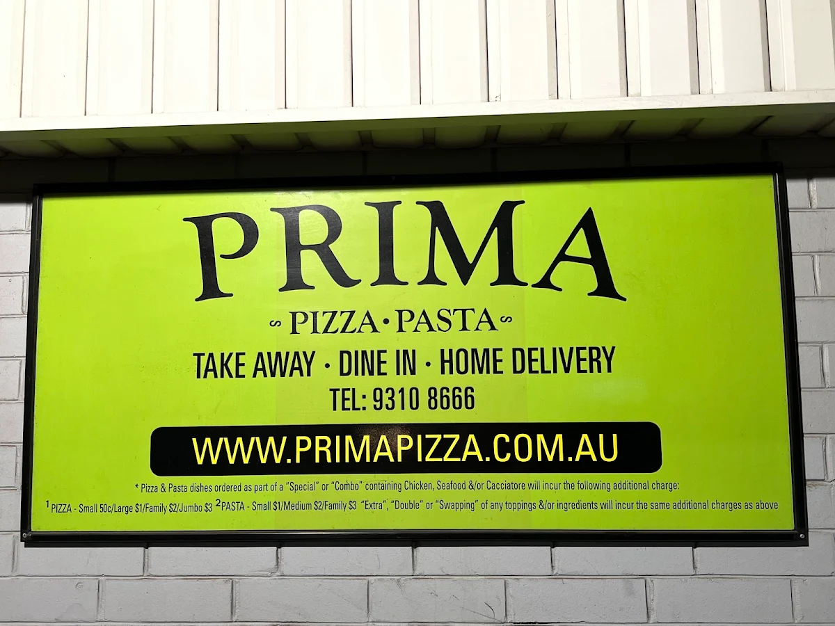 Menu, Prima Pizza & Pasta