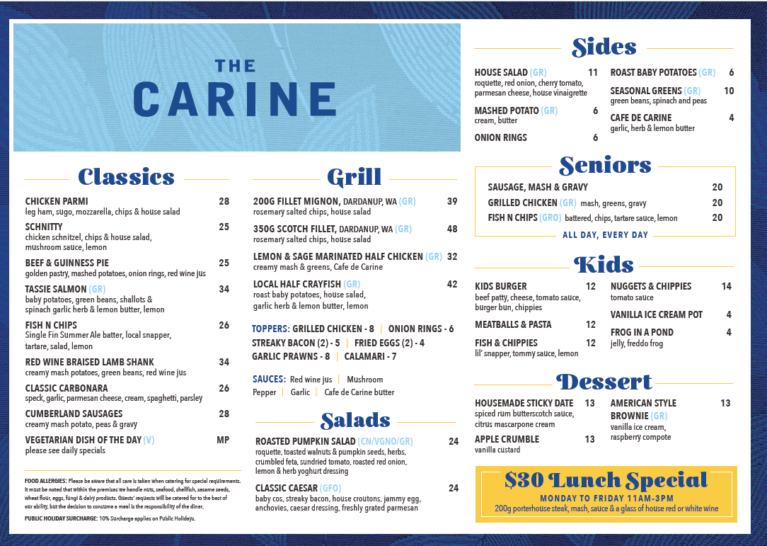 Menu, Carine Glades Tavern