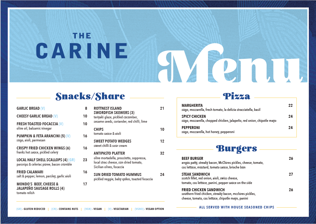 Menu, Carine Glades Tavern