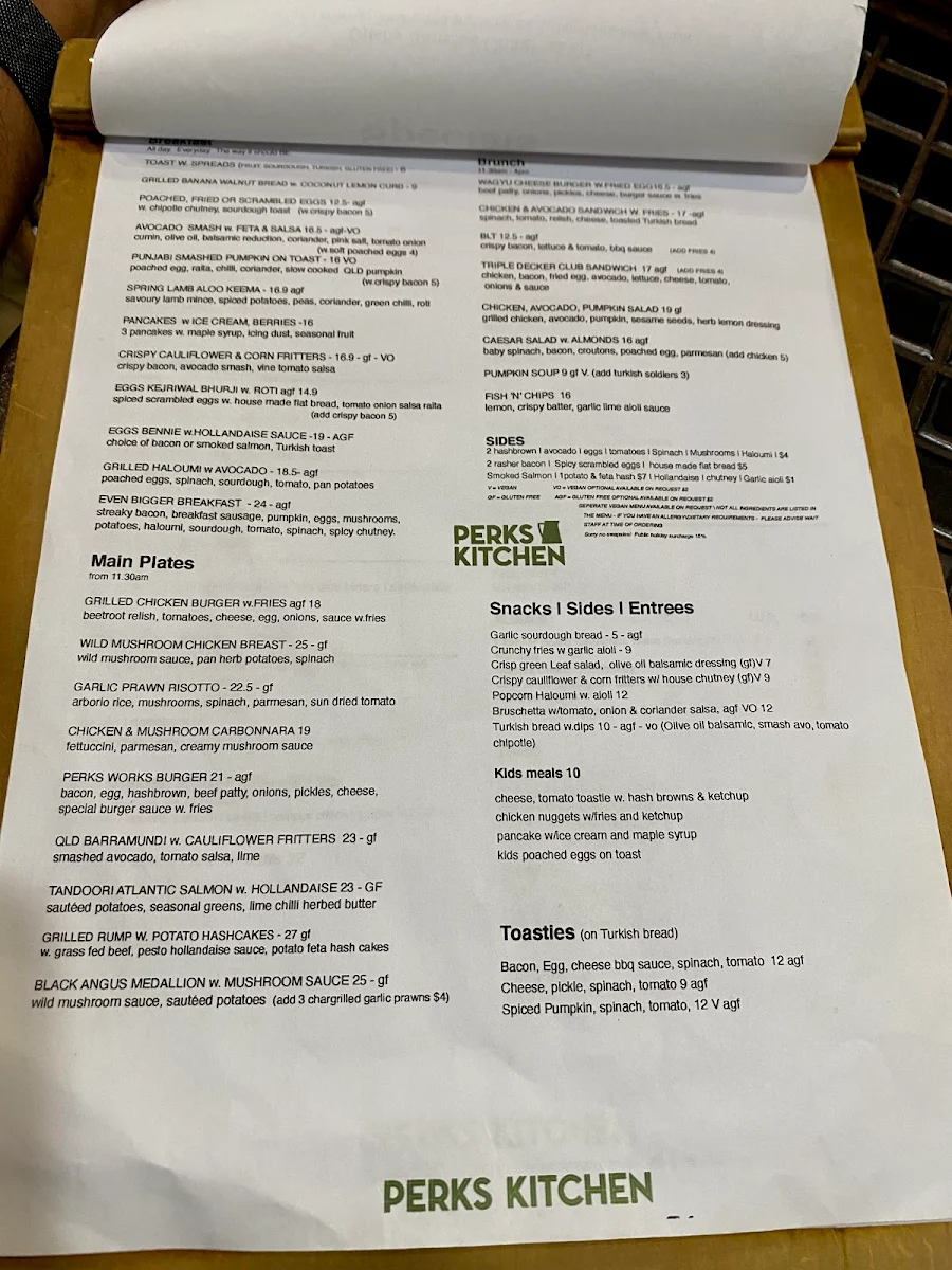Menu, Perk's Kitchen