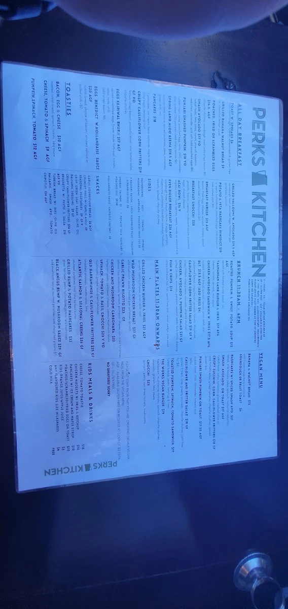 Menu, Perk's Kitchen