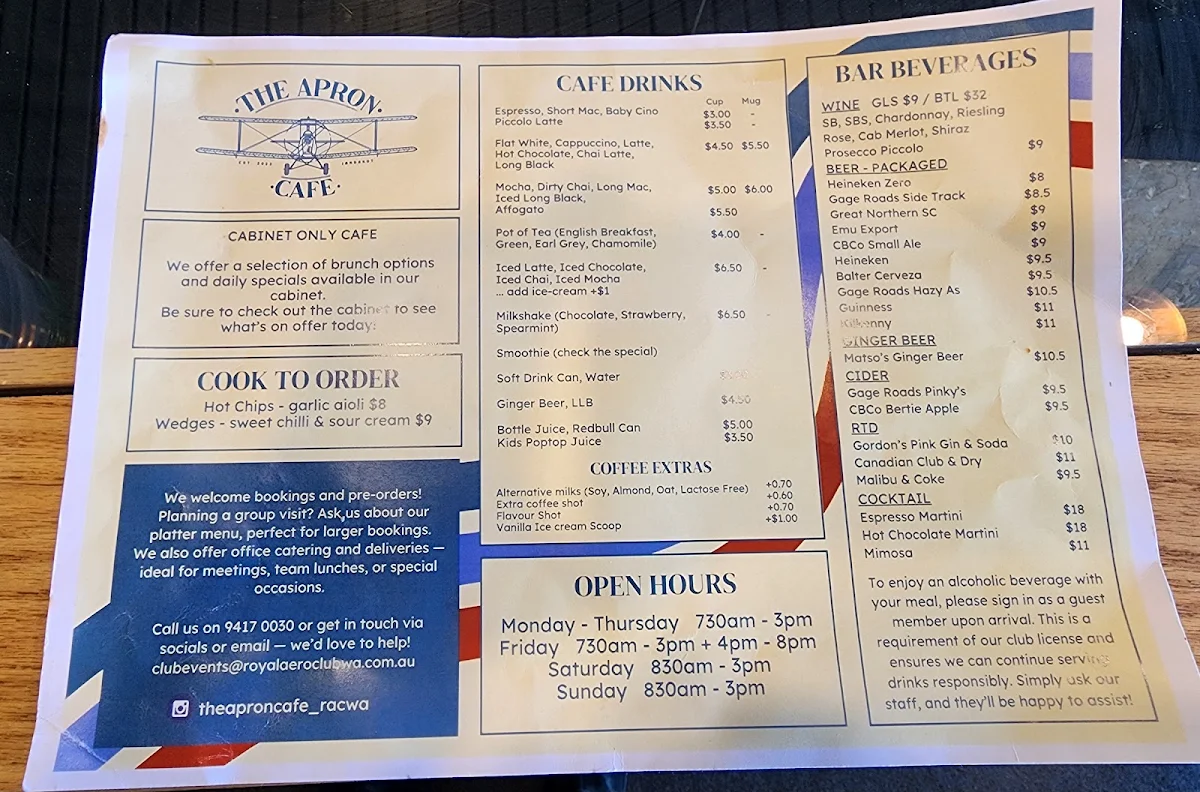 Menu, The Apron Cafe
