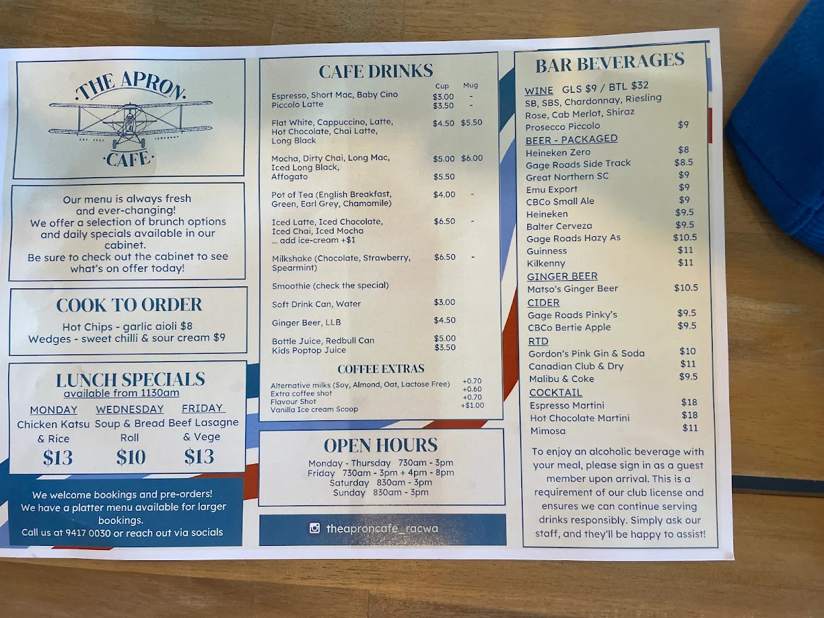 Menu, The Apron Cafe