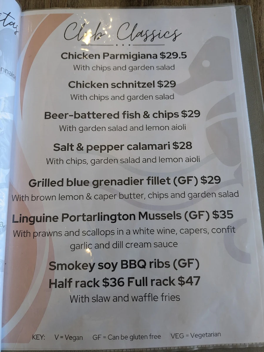 Menu, Portarlington Golf Club Bistro