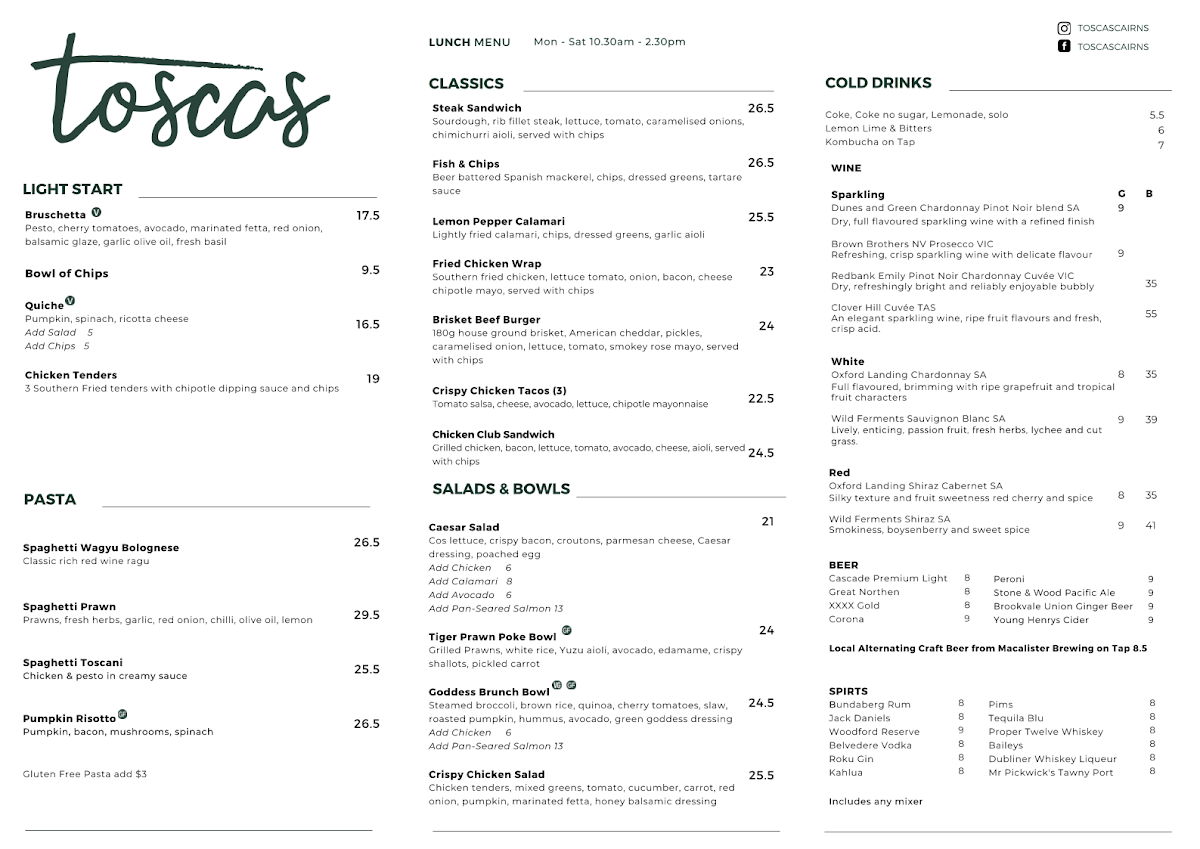 Menu, Tosca’s Pizzeria & Bar