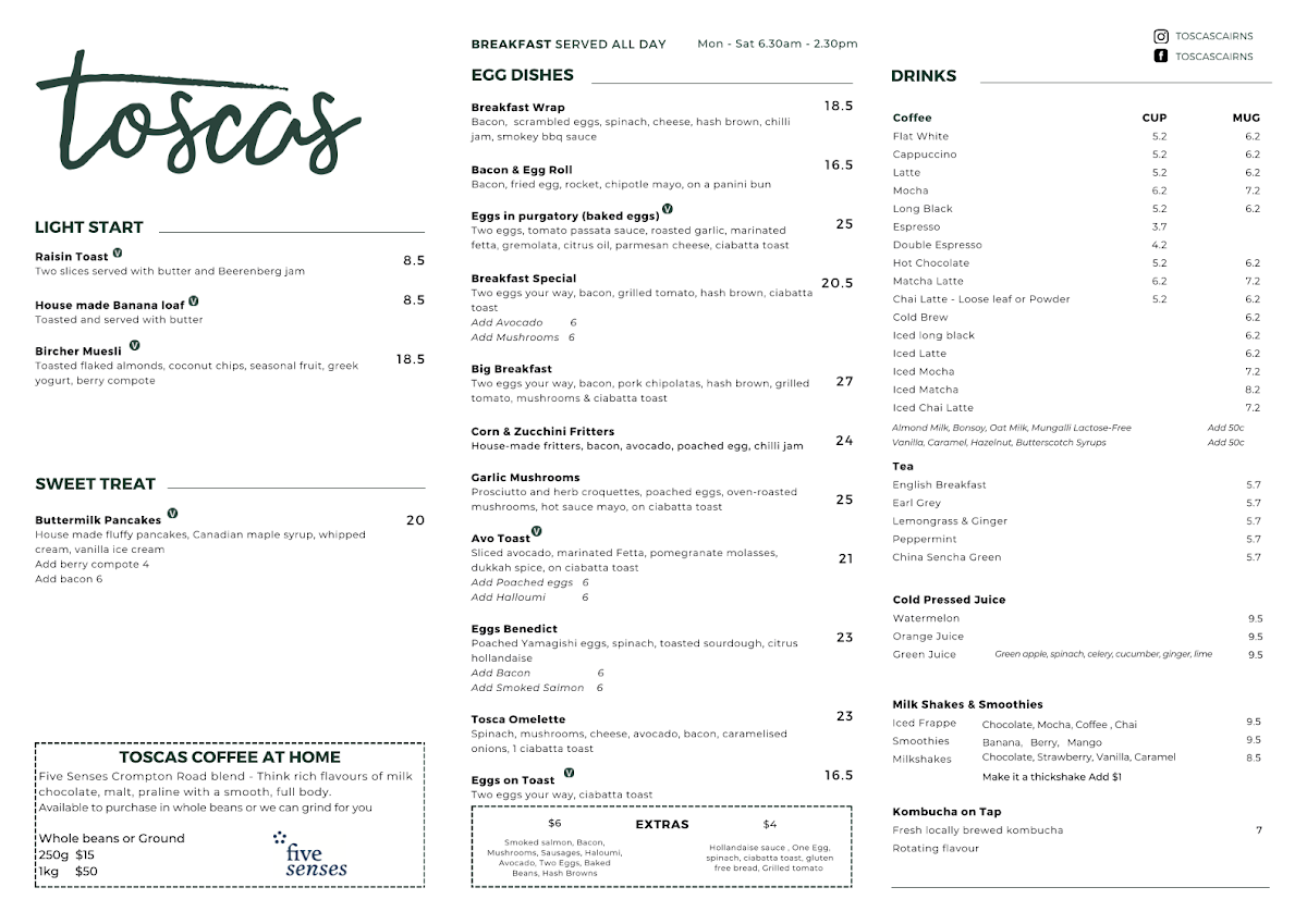 Menu, Tosca’s Pizzeria & Bar