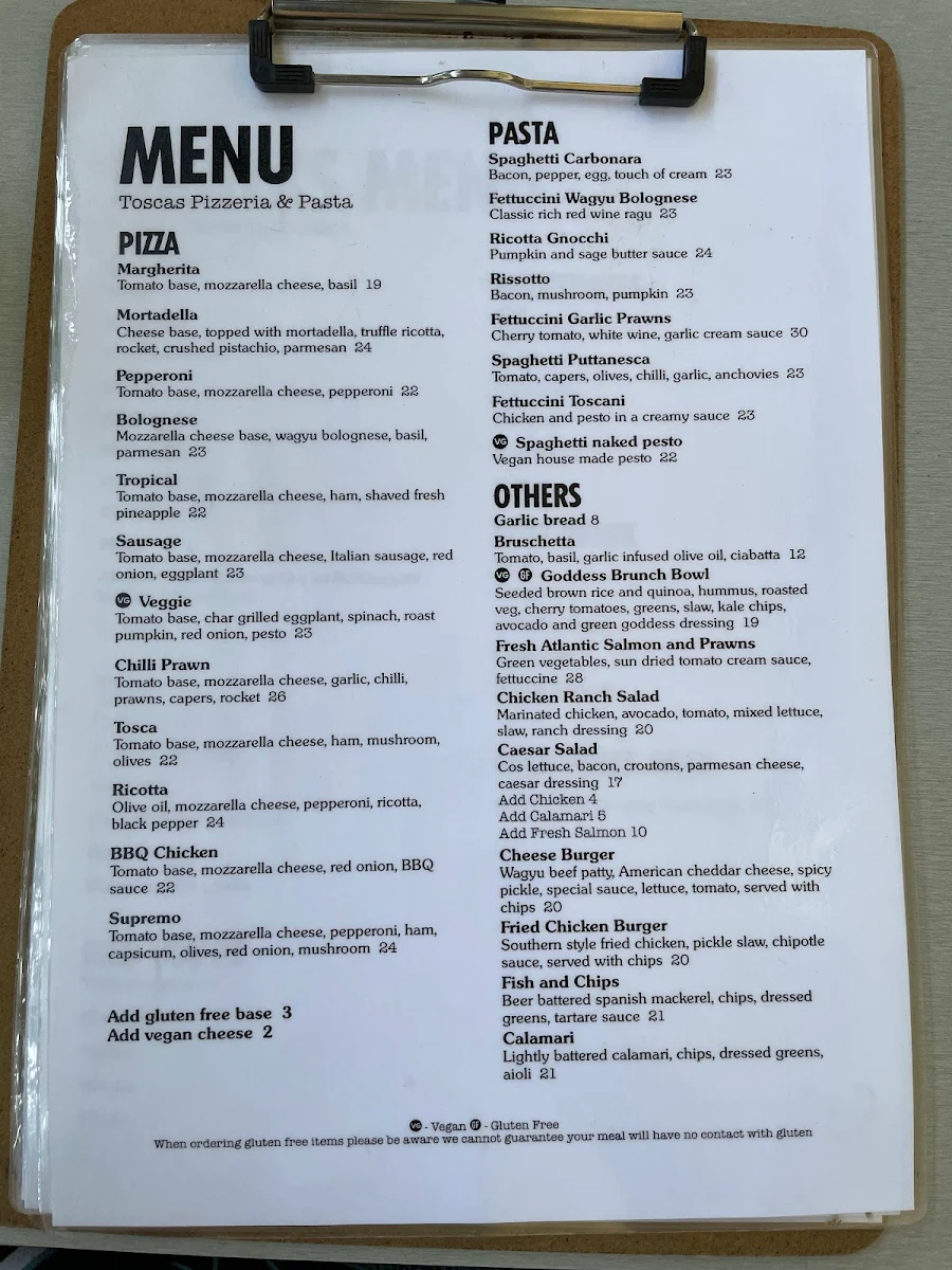 Menu, Tosca’s Pizzeria & Bar