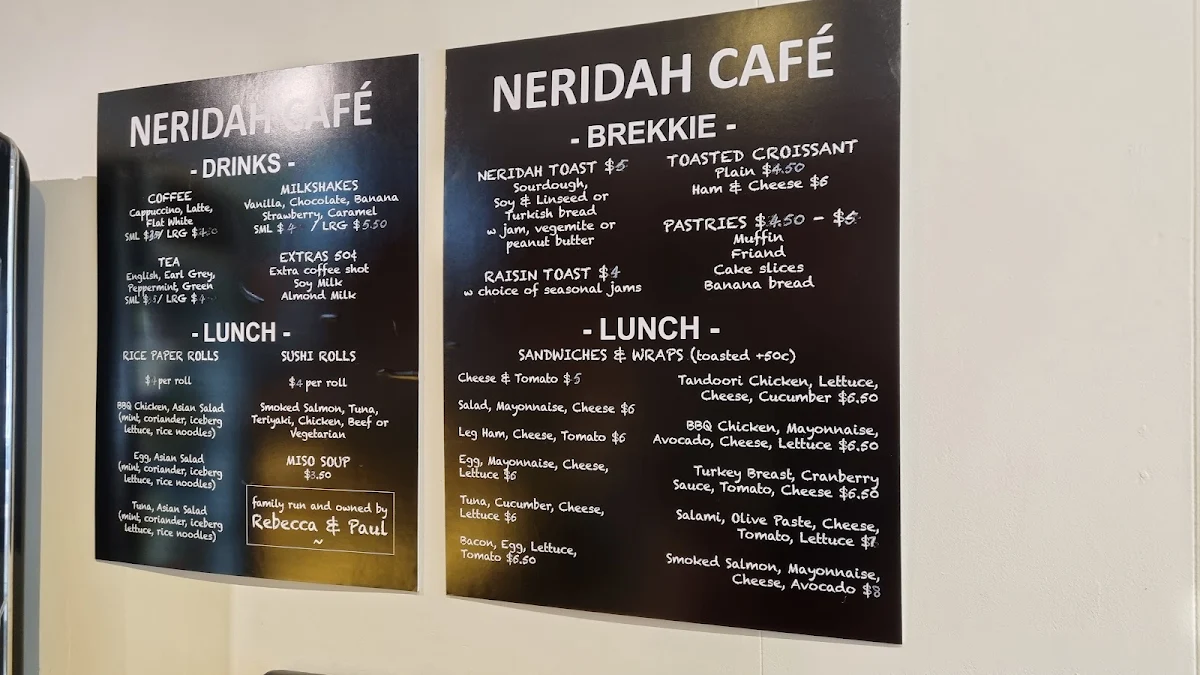 Menu, Neridah Cafe Chatswood