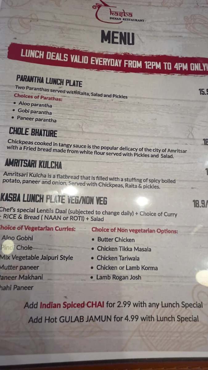 Menu, Kasba Indian Restaurant Ballarat