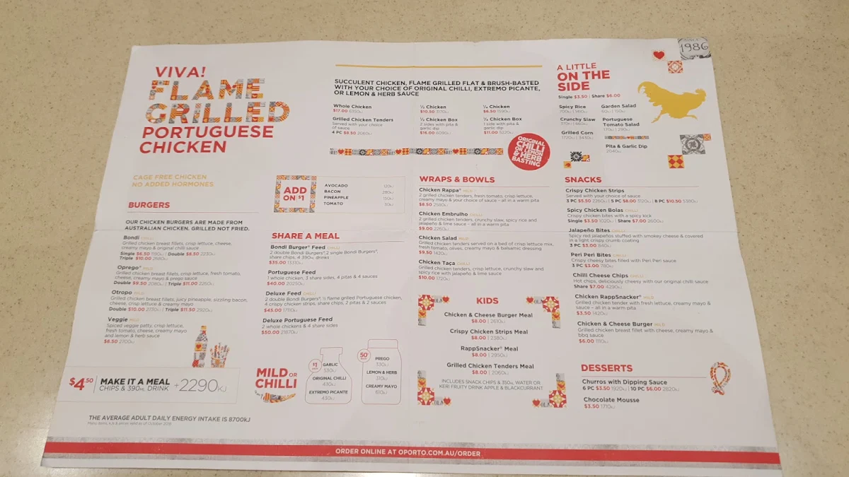 Menu, Oporto Padstow Drive Thru