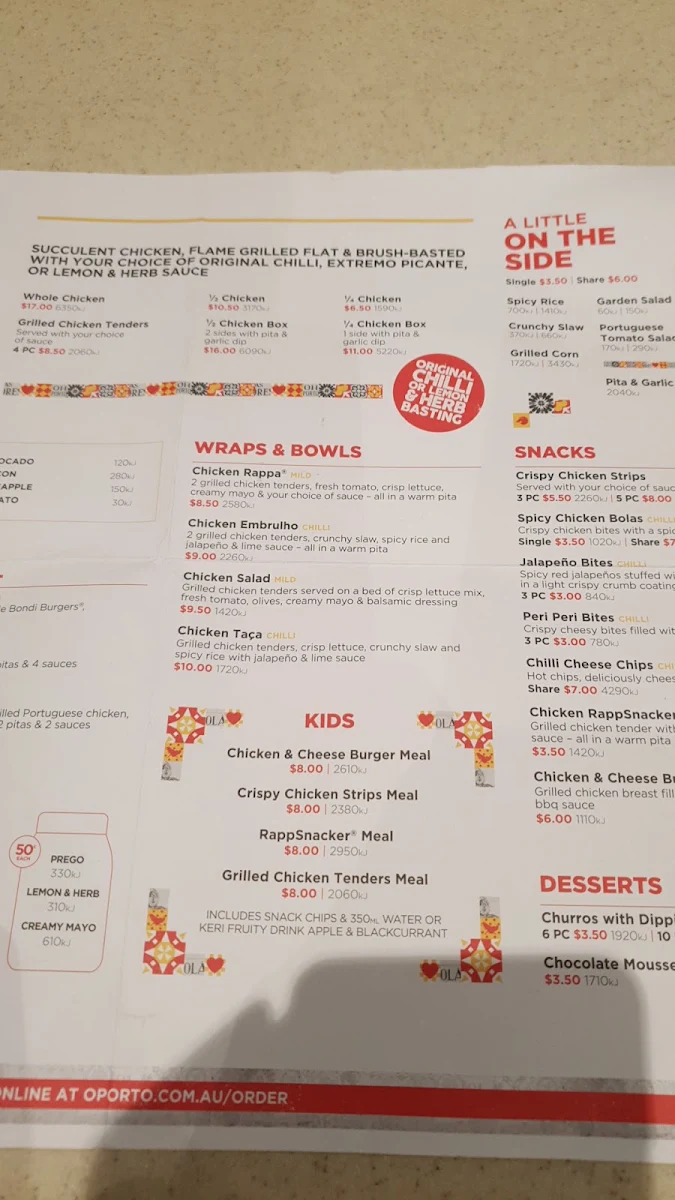 Menu, Oporto Padstow Drive Thru