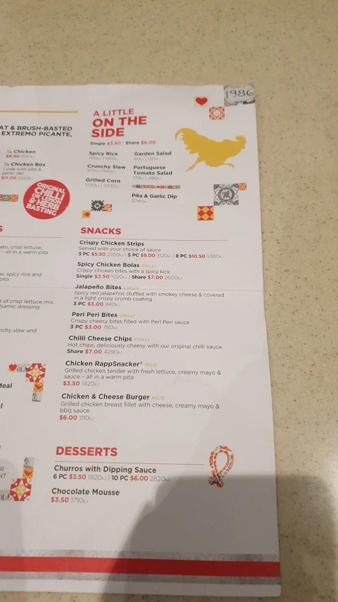 Menu, Oporto Padstow Drive Thru