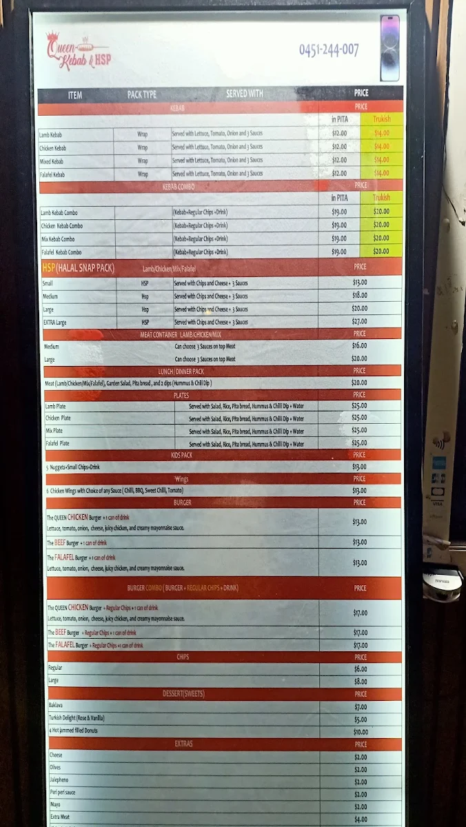 Menu, Queen Kebab and Hsp