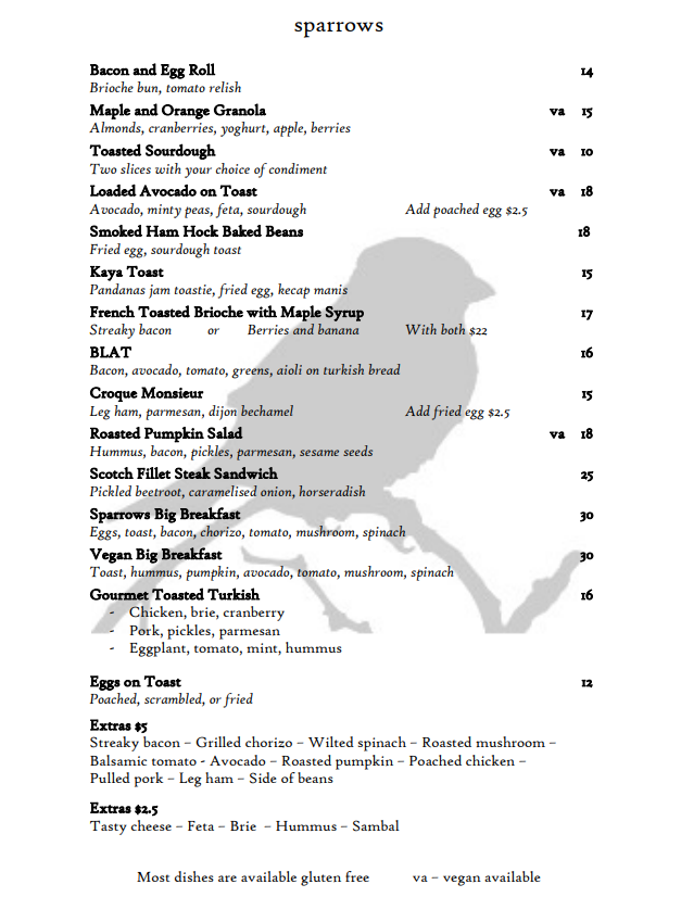 Menu, Sparrows Leura