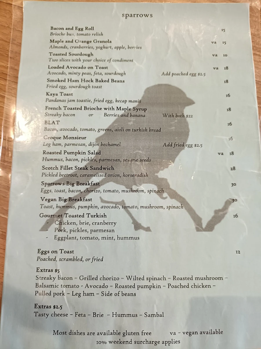 Menu, Sparrows Leura