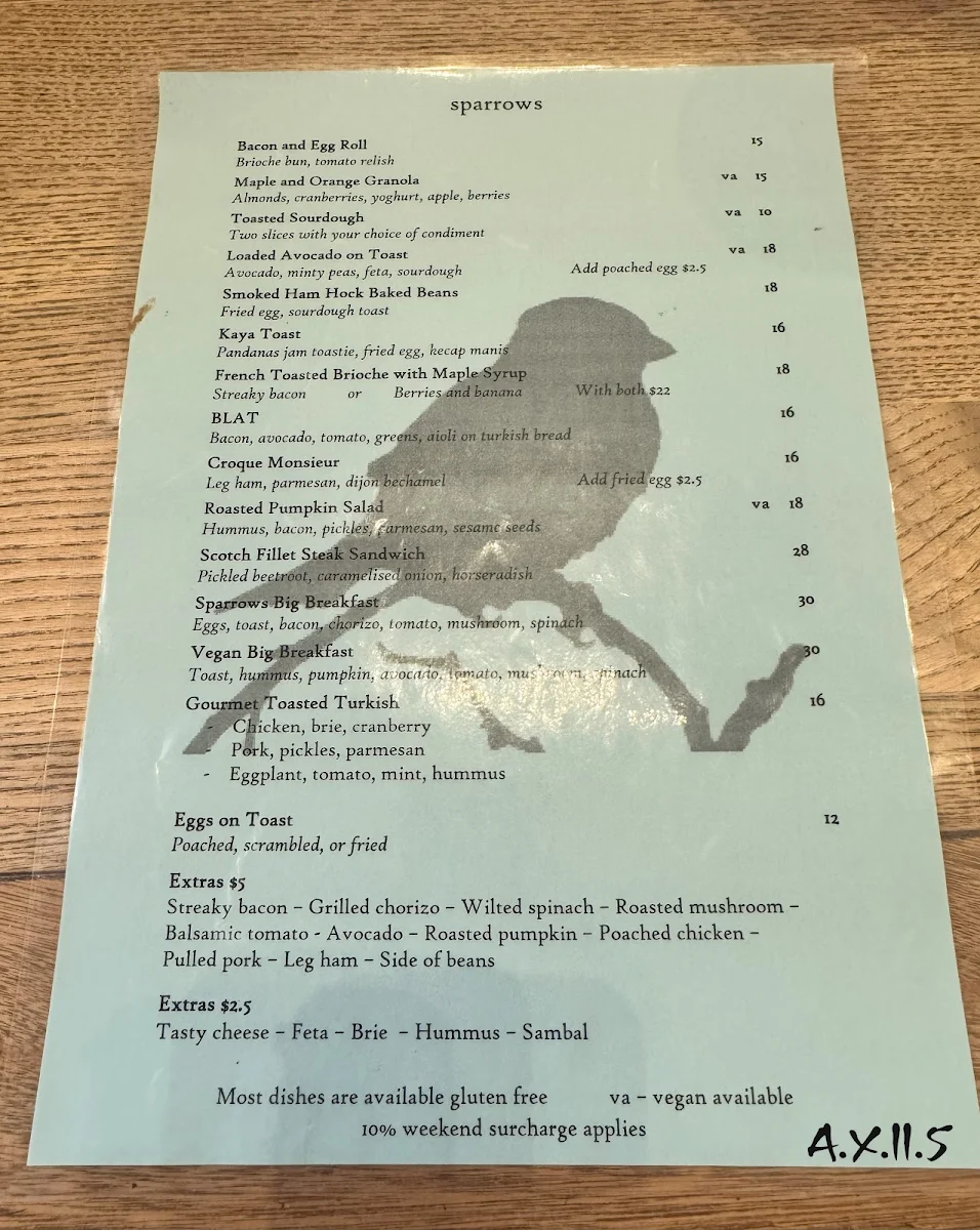 Menu, Sparrows Leura