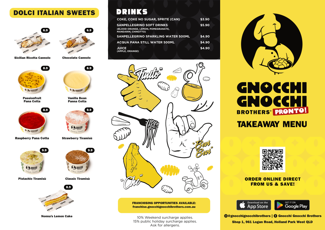 Menu, Gnocchi Gnocchi Brothers, Clayfield