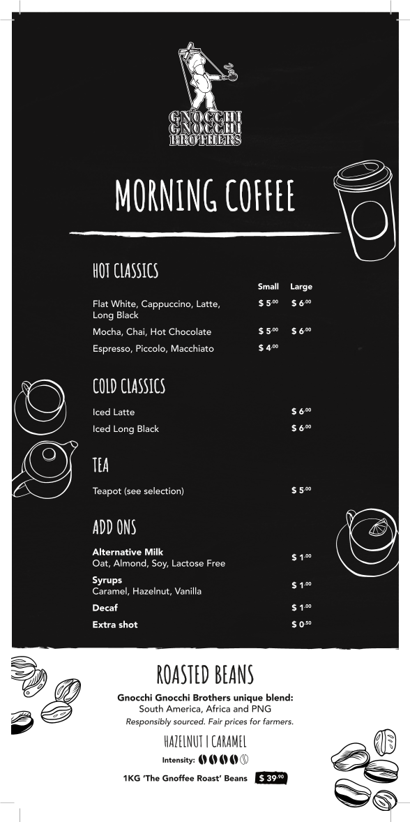 Menu, Gnocchi Gnocchi Brothers, Clayfield