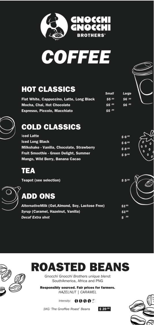 Menu, Gnocchi Gnocchi Brothers, Clayfield
