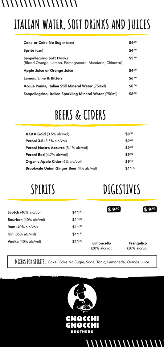 Menu, Gnocchi Gnocchi Brothers, Clayfield
