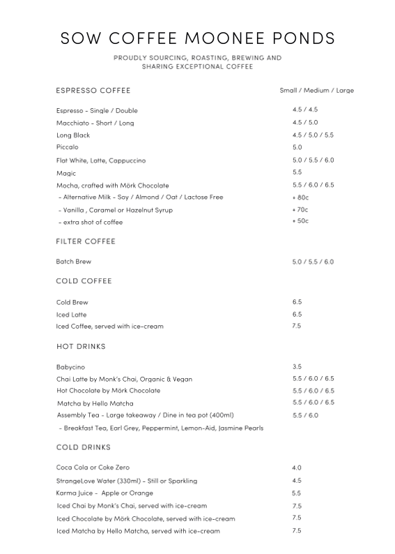 Menu, Sow Coffee Moonee Ponds