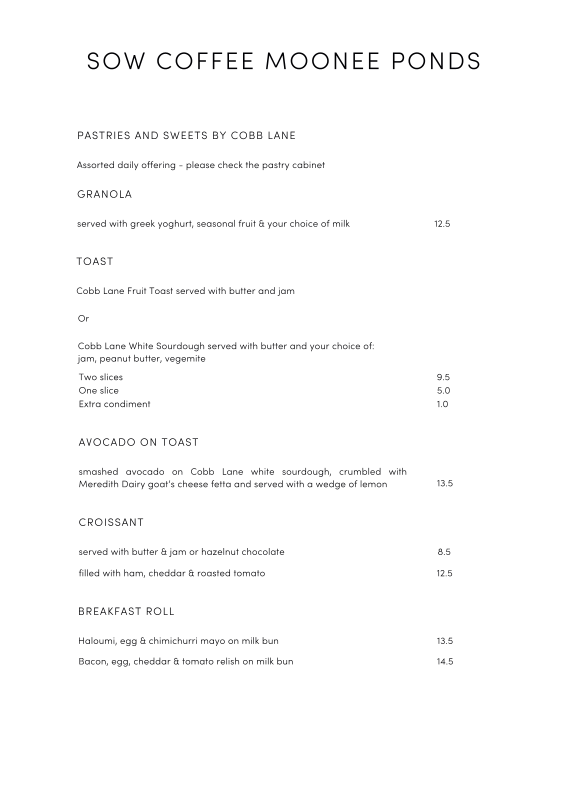 Menu, Sow Coffee Moonee Ponds