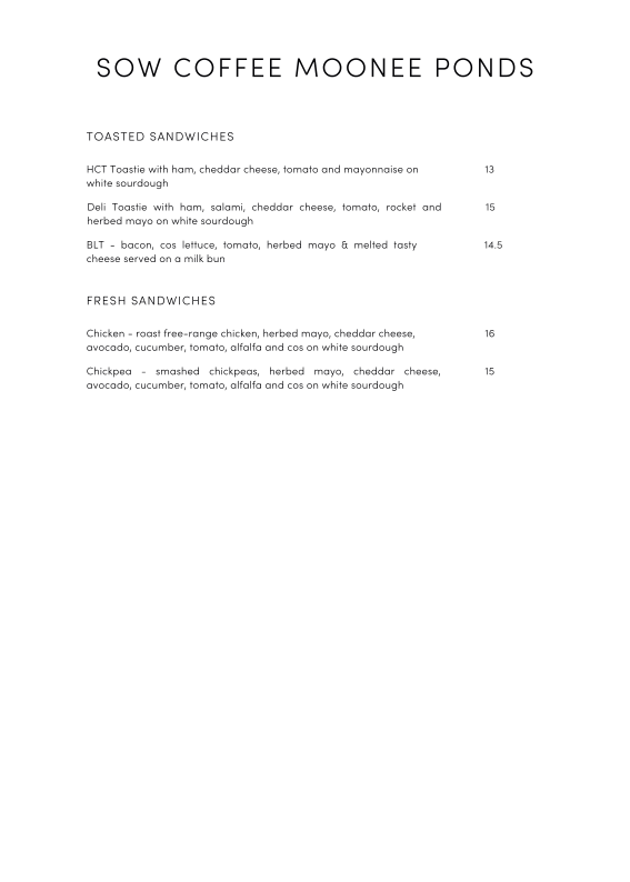 Menu, Sow Coffee Moonee Ponds