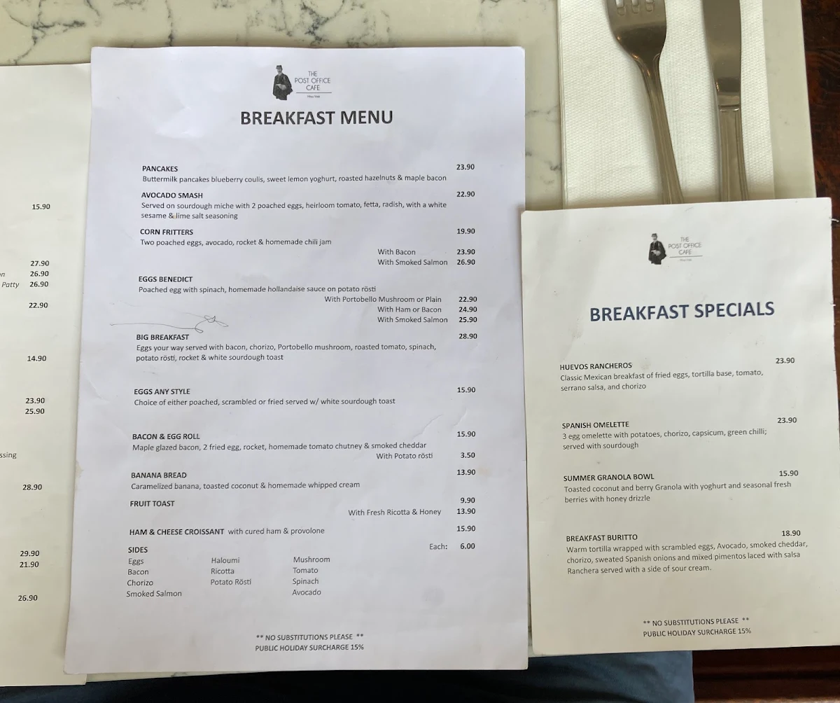 Menu, The Post Office Cafe Moss Vale