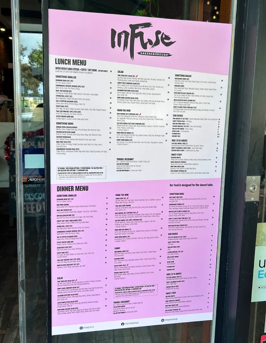 Menu, Infuse Asian Fusion Restaurant Greensborough