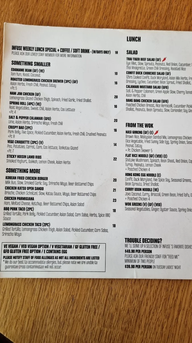 Menu, Infuse Asian Fusion Restaurant Greensborough