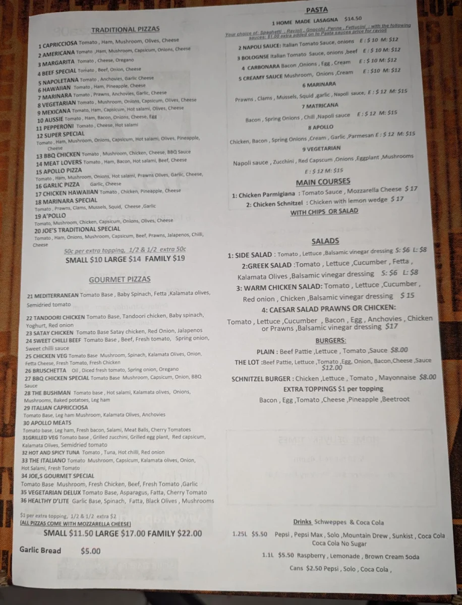 Menu, Apollo Pizza