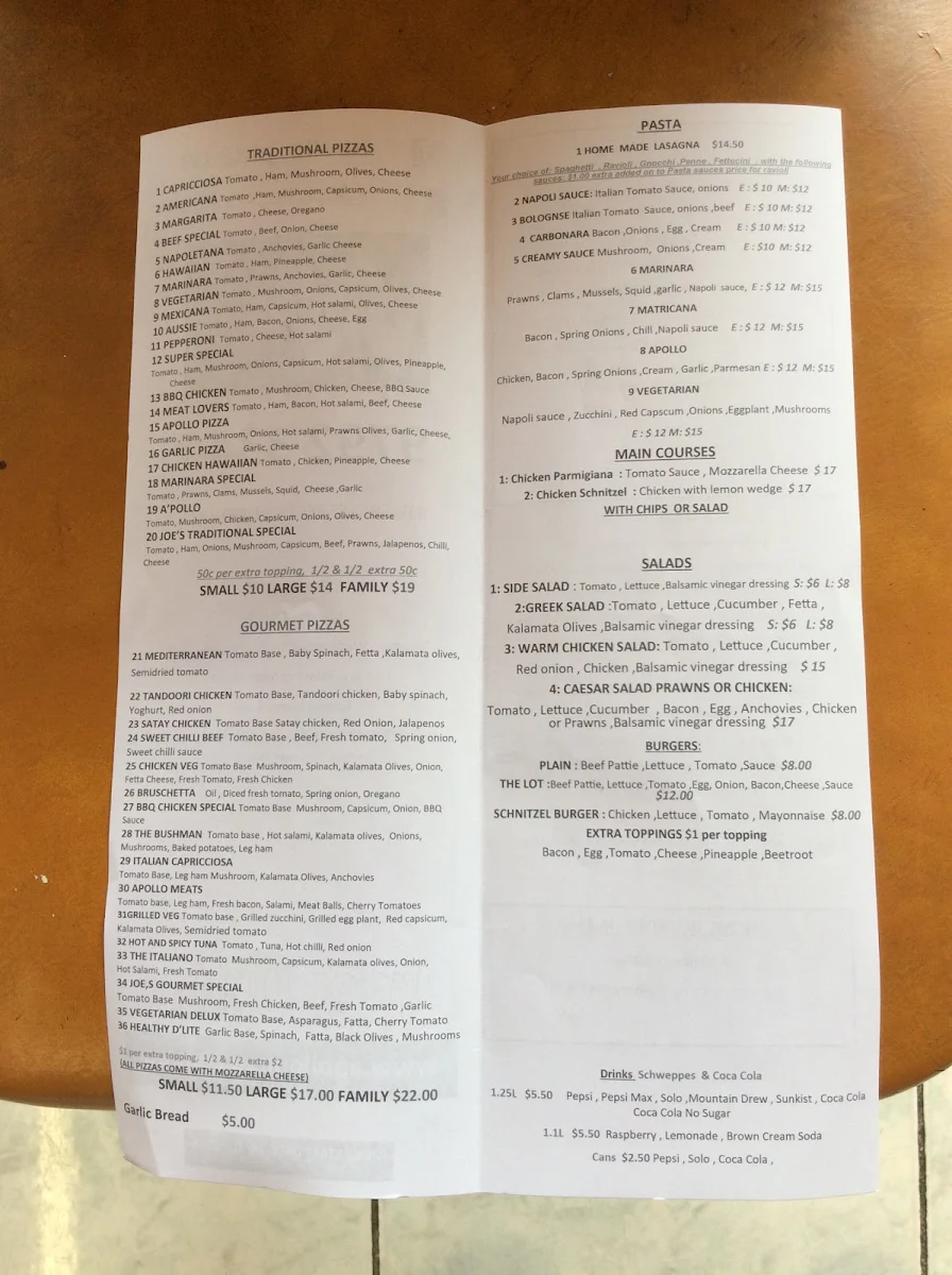 Menu, Apollo Pizza