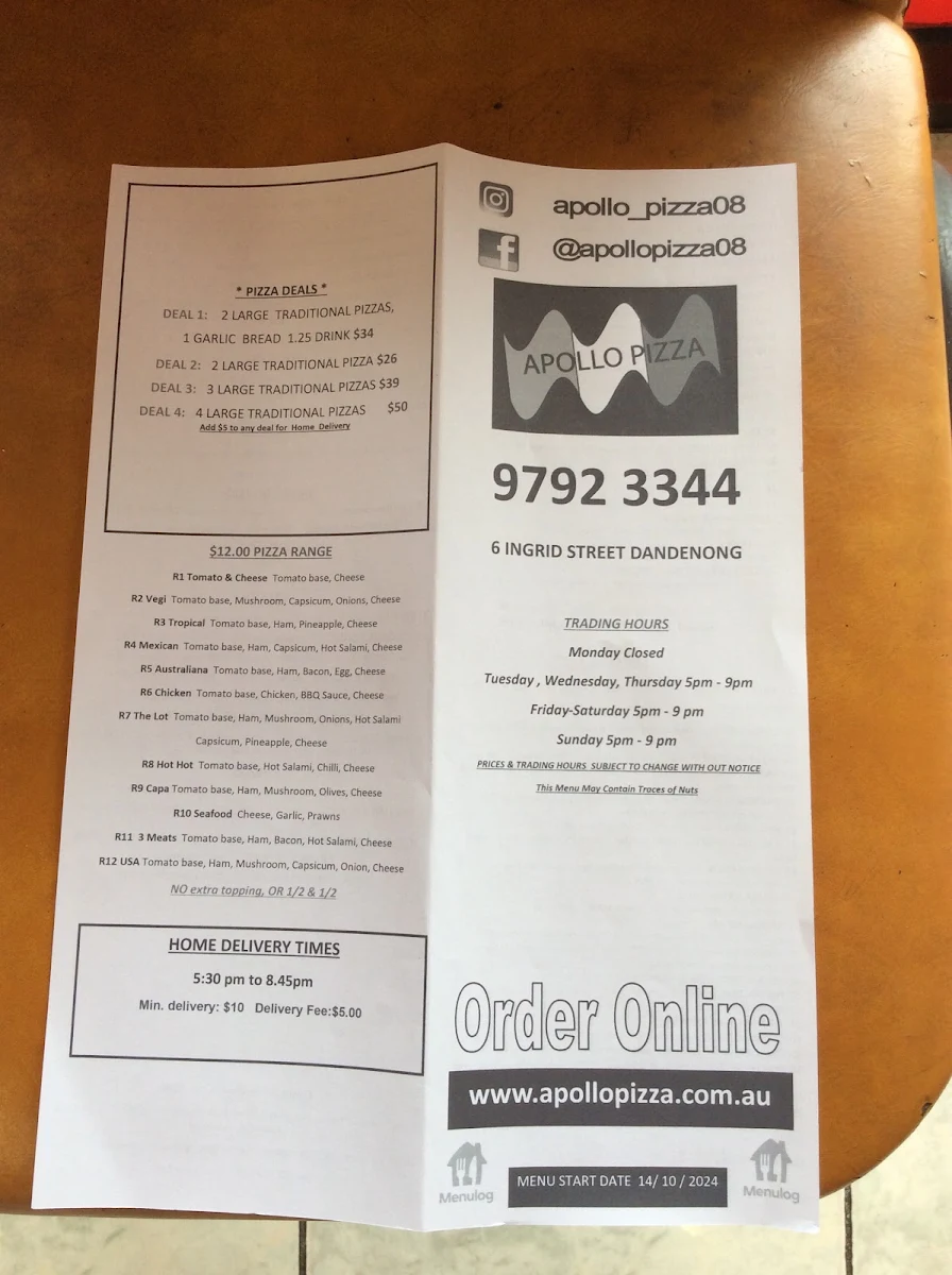 Menu, Apollo Pizza