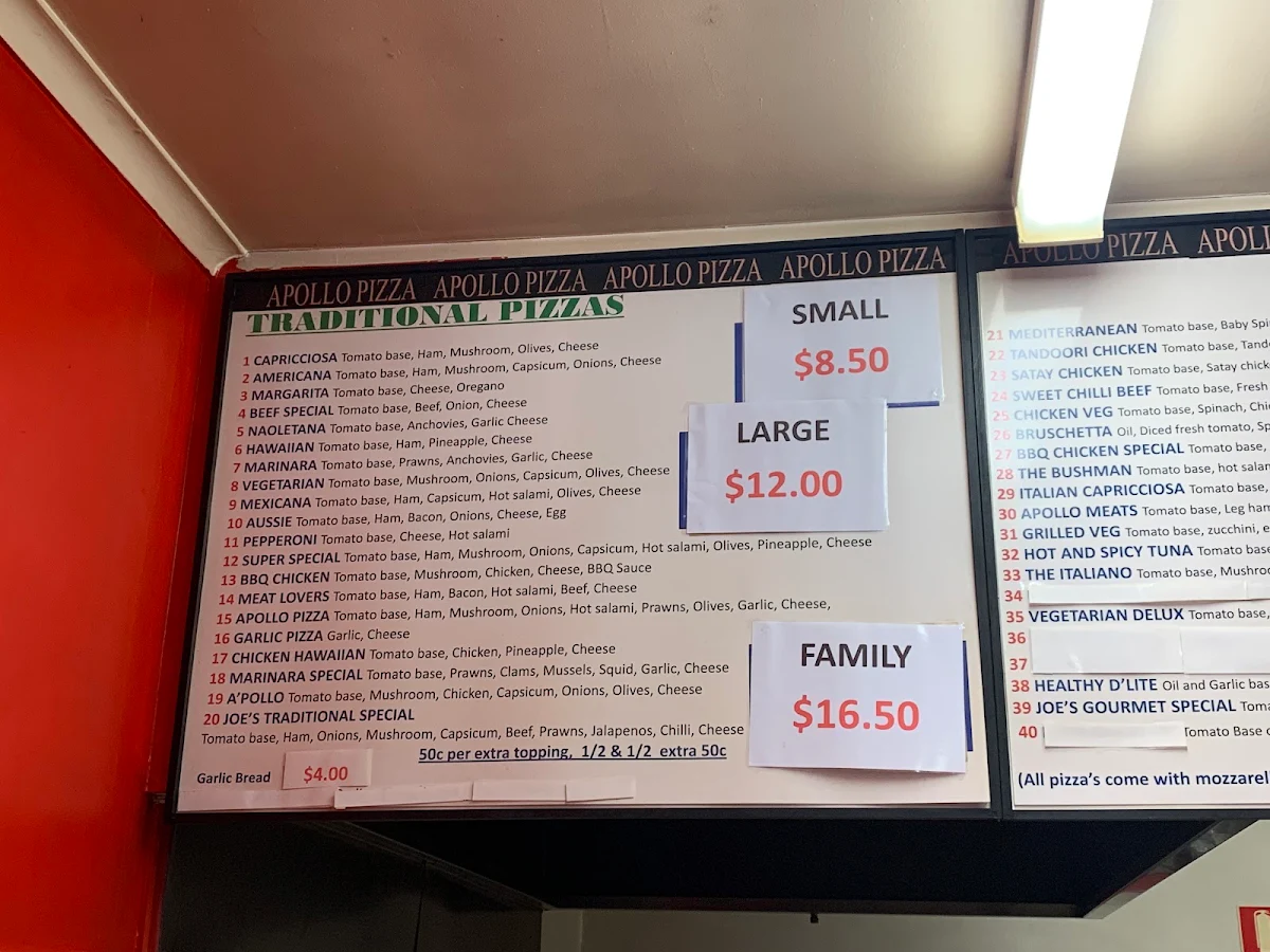 Menu, Apollo Pizza