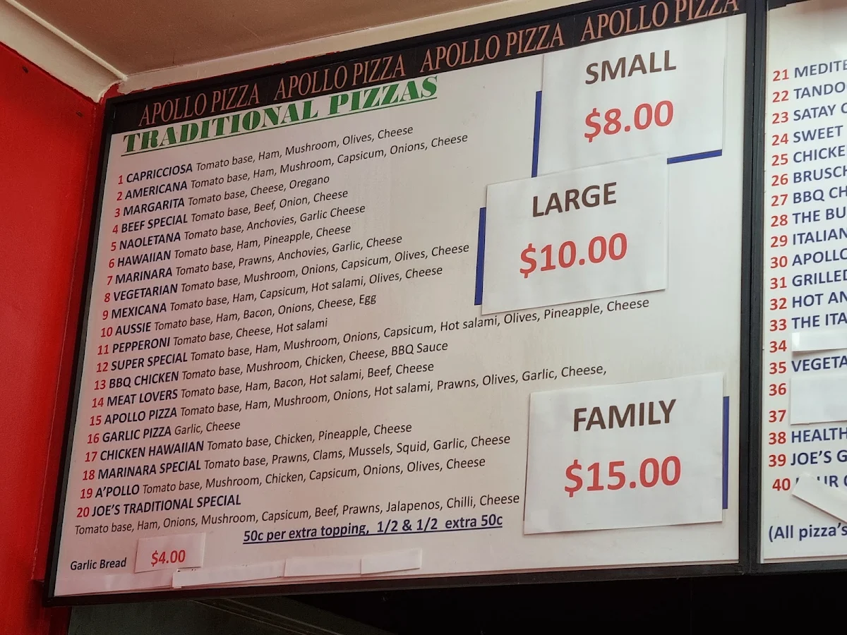 Menu, Apollo Pizza