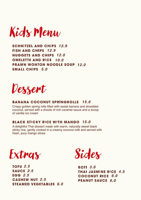 Menu, Stanny Temptations Thai Cafe & Restaurant