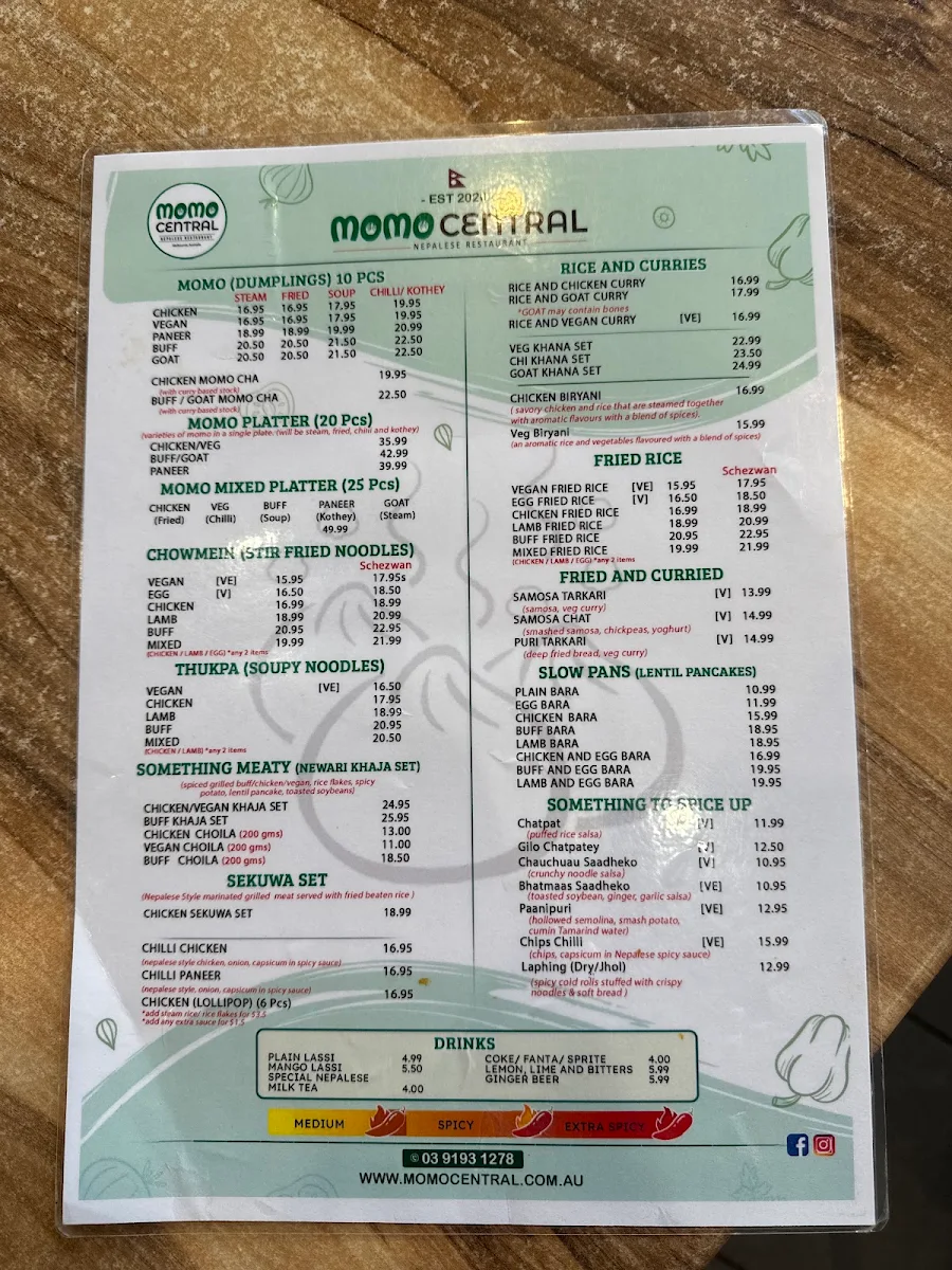 Menu, Momo Central Bourke street