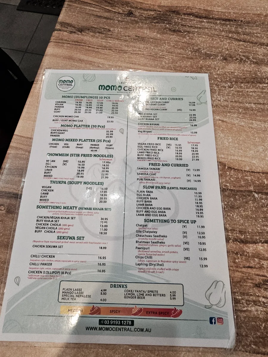 Menu, Momo Central Bourke street