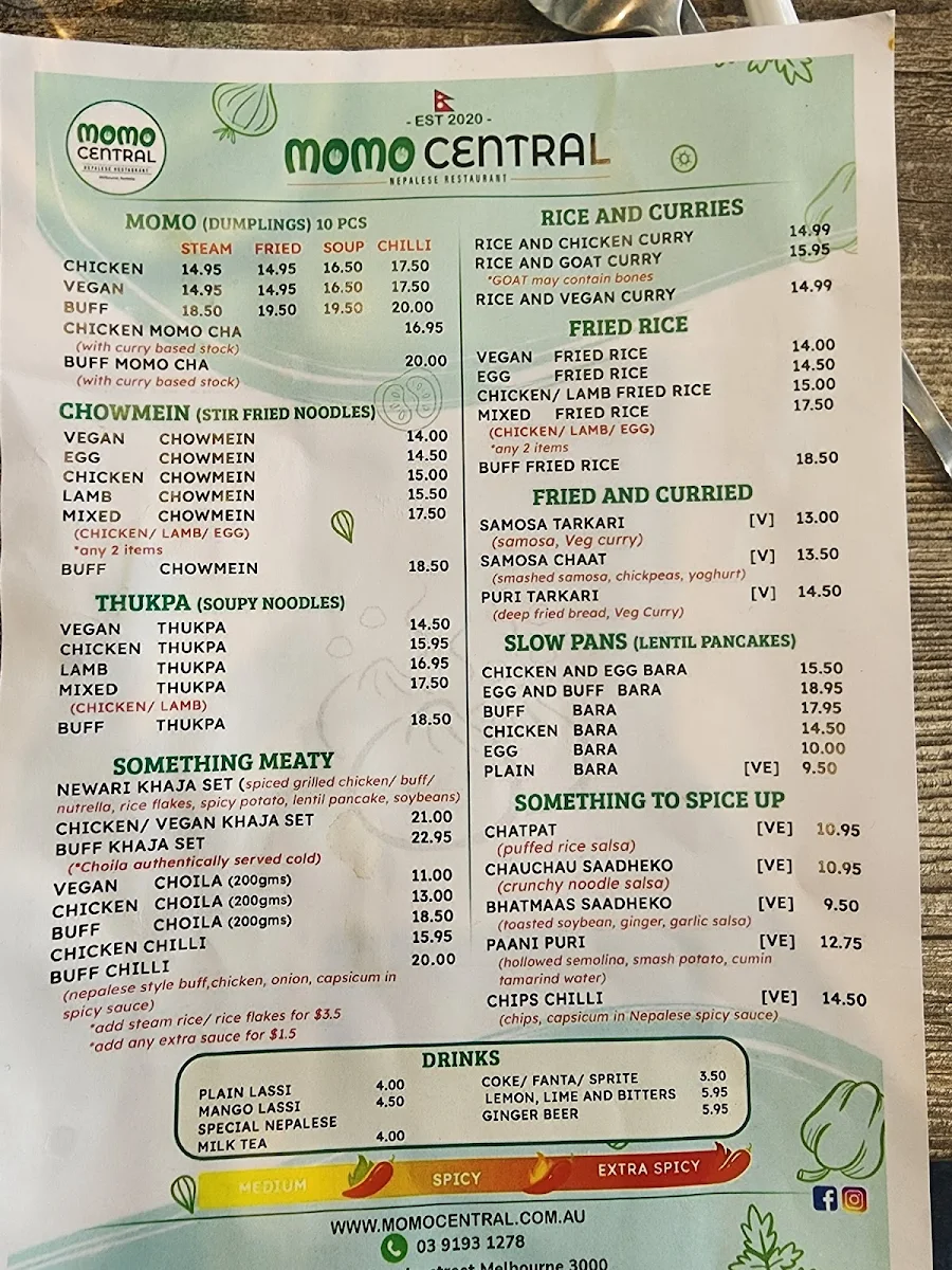Menu, Momo Central Bourke street
