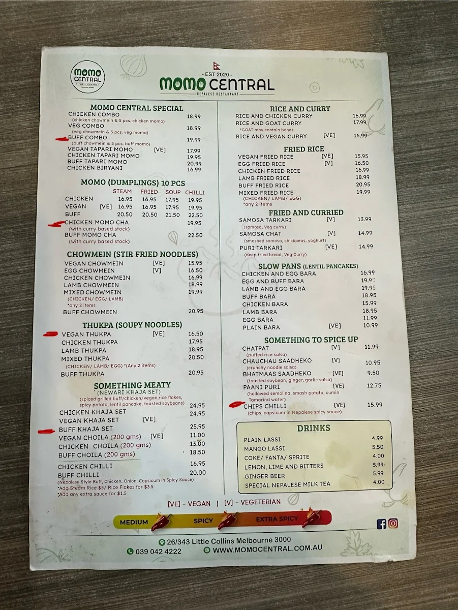 Menu, Momo Central Bourke street